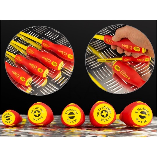 Zestaw wkrętaków izolowanych dla elektryka 5 sztuk: 3x płaskie PŁ + 2x krzyżowe PH 1kV NEO 04-220