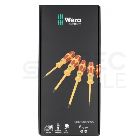 Zestaw wkrętaków izolowanych dla elektryka 6 sztuk: 4x płaskie PŁ + 2x krzyżowe PH 1kV VDE Kraftform WERA