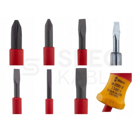 Zestaw wkrętaków izolowanych dla elektryka 7 sztuk: 4x płaskie PŁ + 2x krzyżowe PH + próbnik 1kV VDE Comfort WERA