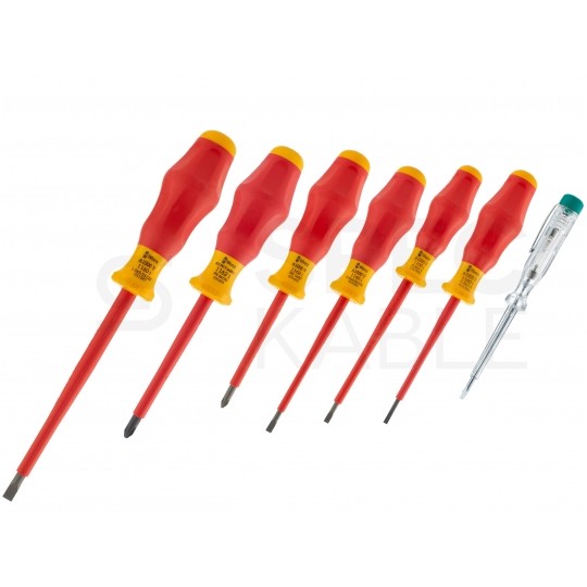 Zestaw wkrętaków izolowanych dla elektryka 7 sztuk: 4x płaskie PŁ + 2x krzyżowe PH + próbnik 1kV VDE Comfort WERA