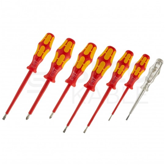 Zestaw wkrętaków izolowanych dla elektryka 7 sztuk: 4x płaskie PŁ + 2x krzyżowe PH + próbnik + wieszak 1kV VDE Kraftform Seria 100 WERA