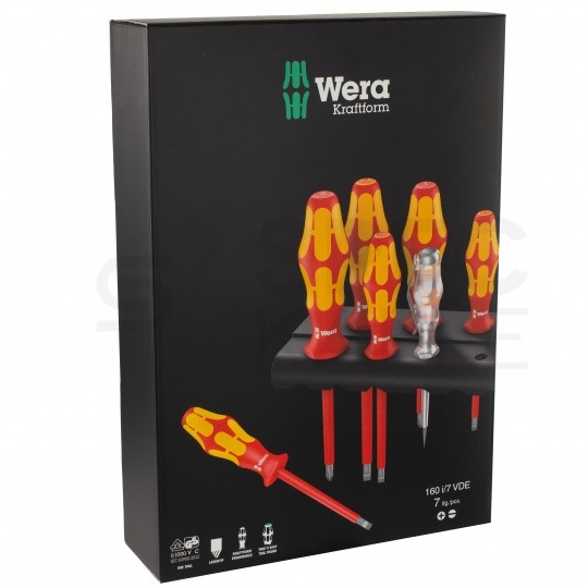 Zestaw wkrętaków izolowanych dla elektryka 7 sztuk: 4x płaskie PŁ + 2x krzyżowe PH + próbnik + wieszak 1kV VDE Kraftform Seria 100 WERA