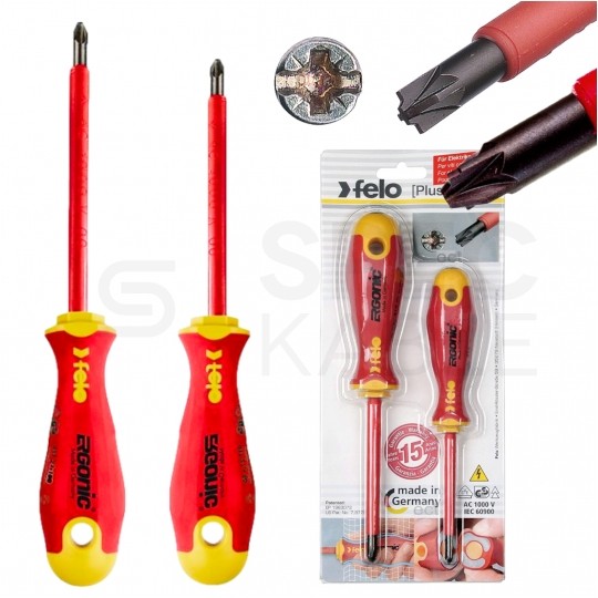 Zestaw wkrętaków izolowanych dla elektryka: krzyżowy Z1 x 80 + Z2 x 100 1kV VDE FELO Ergonic