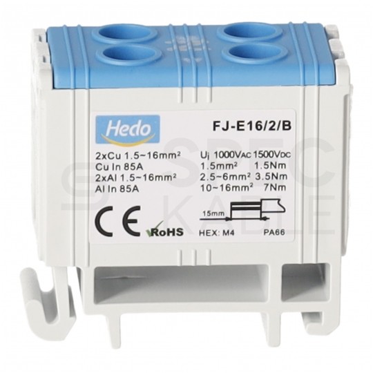 Złączka szynowa 2-torowa Al/Cu 1,5-16mm2 na TH35 niebieski FJ-E16/2/B HEDO