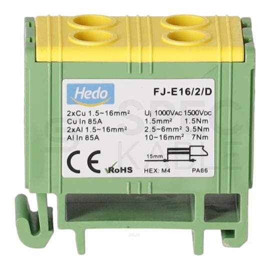 Złączka szynowa 2-torowa Al/Cu 1,5-16mm2 na TH35 żółto-zielony FJ-E16/2/D HEDO