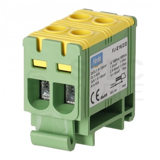 Złączka szynowa 2-torowa Al/Cu 1,5-16mm2 na TH35 żółto-zielony FJ-E16/2/D HEDO