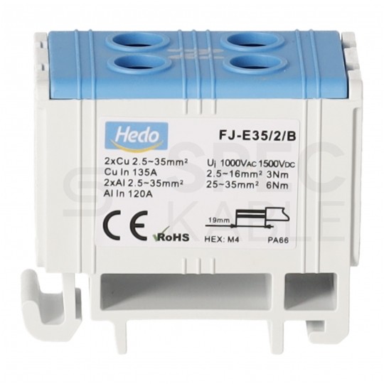 Złączka szynowa 2-torowa Al/Cu 2,5-35mm2 na TH35 niebieski FJ-E35/2/B HEDO