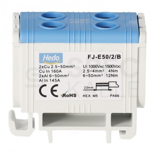 Złączka szynowa 2-torowa Al/Cu 2,5-50mm2 na TH35 niebieski FJ-E50/2/B HEDO