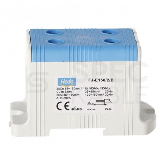 Złączka szynowa 2-torowa Al/Cu 35-150mm2 na TH35 niebieski FJ-E150/2/B HEDO