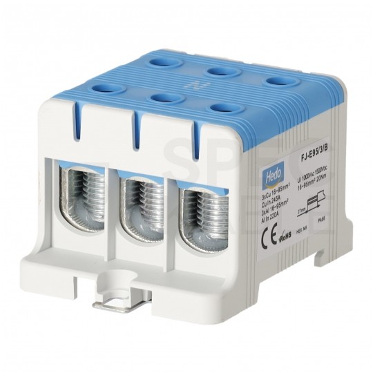 Złączka szynowa 3-torowa Al/Cu 16-95mm2 na TH35 niebieski FJ-E95/3/B HEDO