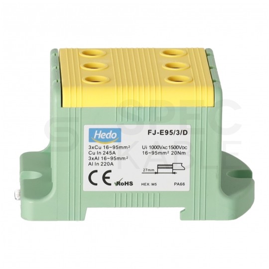 Złączka szynowa 3-torowa Al/Cu 16-95mm2 na TH35 żółto-zielony FJ-E95/3/D HEDO