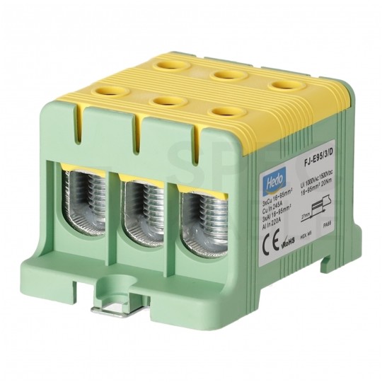 Złączka szynowa 3-torowa Al/Cu 16-95mm2 na TH35 żółto-zielony FJ-E95/3/D HEDO