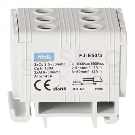 Złączka szynowa 3-torowa Al/Cu 2,5-50mm2 na TH35 szary FJ-E50/3 HEDO