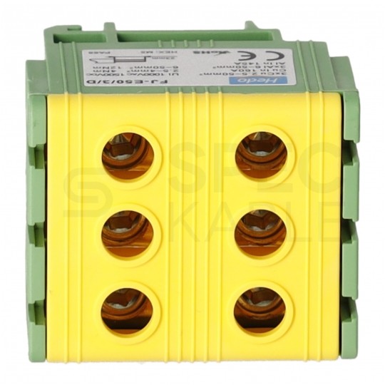 Złączka szynowa 3-torowa Al/Cu 2,5-50mm2 na TH35 żółto-zielony FJ-E50/3/D HEDO