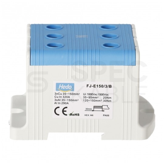 Złączka szynowa 3-torowa Al/Cu 35-150mm2 na TH35 niebieski FJ-E150/3/B HEDO