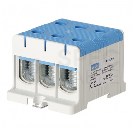 Złączka szynowa 3-torowa Al/Cu 35-150mm2 na TH35 niebieski FJ-E150/3/B HEDO