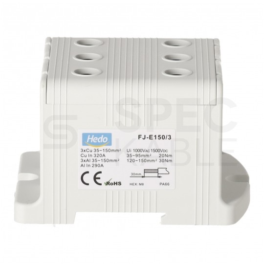 Złączka szynowa 3-torowa Al/Cu 35-150mm2 na TH35 szary FJ-E150/3 HEDO