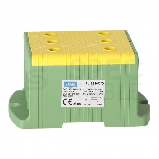 Złączka szynowa 3-torowa Al/Cu 35-240mm2 na TH35 żółto-zielony FJ-E240/3/D HEDO