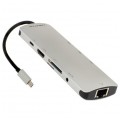 AUDA CableTime Adapter 9w1 Hub USB 3.1 typ-C -> HDMI 4K@30 + 3x USB 3.0 A + USB 3.1 typ-C (20V/3A) + mini Jack 3,5mm + czytnik kart SD / MicroSD + Gigabit Ethernet RJ45 [8p8c] srebrny 15cm