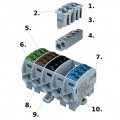 Blok rozdzielczy odgałęźny Al/Cu (max. 25mm2) na szynę TH35 kolorowy 5x (3x szary,1x niebieski, 1x zielony) CB 35 SIMBLOCK SIMET