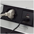 Gniazdo meblowe chowane w blat podwójne 2x [2P+Z] 10A + gniazdo ładowania 2x USB A (5V / 2,1A) metalowe białe z przewodem 1,5m ADELID