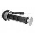 Gniazdo meblowe chowane w blat Virone okrągłe INOX potrójne 3x [2P+Z] 16A + gniazdo ładowania 2x USB-A (5V / 2,1A) z przewodem 1,8m VIRONE