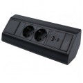 Gniazdo meblowe narożne CORNER BOX czarne podwójne 2x [2P+Z] Schuko 16A + gniazdo ładowania USB A + USB C (5V / 2,1A) z przewodem 1,8m