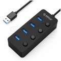 ORICO Hub USB 3.1 pasywny na 4 porty USB A z wyłącznikami czarny na kablu 0,3m