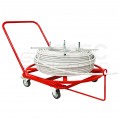 Rozwijak mobilny stalowy do rur ogrzewania podłogowego PERT PEX (400m) i peszli karbowanych, poziomy na wózku na kołach fi: 90cm