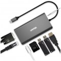 UNITEK Adapter 8w1 Hub USB 3.1 typ-C -> HDMI 4K@30 + VGA 1080p@60 + 2x USB 3.0 A + USB 3.1 typ-C (PD 100W) + mini Jack 3,5mm + czytnik kart SD / MicroSD + Gigabit Ethernet RJ45 [8p8c] srebrny 15cm