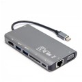 UNITEK Adapter 8w1 Hub USB 3.1 typ-C -> HDMI 4K@30 + VGA 1080p@60 + 2x USB 3.0 A + USB 3.1 typ-C (PD 100W) + mini Jack 3,5mm + czytnik kart SD / MicroSD + Gigabit Ethernet RJ45 [8p8c] srebrny 15cm