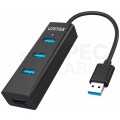 UNITEK Hub USB 3.0 A aktywny (BC1.2) na 4 porty USB A + gniazdo USB micro-B do zasilania czarny na kablu 0,3m