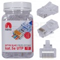 Wtyk modularny RJ45 8P8C kat.5e nieekranowany UTP uniwersalny drut linka przelotowy NEKU opakowanie SŁOIK 100szt.