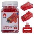 Wtyk modularny RJ45 8P8C kat.6 nieekranowany UTP uniwersalny drut linka przelotowy czerwony NEKU opakowanie SŁOIK 100szt.