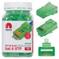 Wtyk modularny RJ45 8P8C kat.6 nieekranowany UTP uniwersalny drut linka przelotowy zielony NEKU opakowanie SŁOIK 100szt.