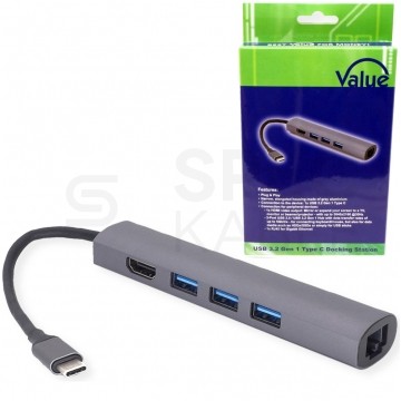 Adapter 5w1 Hub USB 3.1 typ-C -> HDMI 4K@30 + 3x USB 3.0 A + Gigabit Ethernet RJ45 [8p8c]