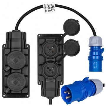 Adapter kempingowy wtyk 3P 16A / listwa zasilająca gumowa 2x 2P+Z 16A 230V IP44 na kablu OW 3x2,5mm2 0,5m