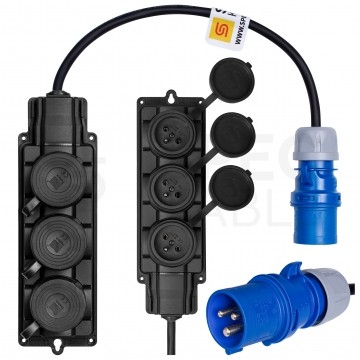 Adapter kempingowy wtyk 3P 16A / listwa zasilająca gumowa 3x 2P+Z 16A 230V IP44 na kablu OW 3x2,5mm2 0,5m