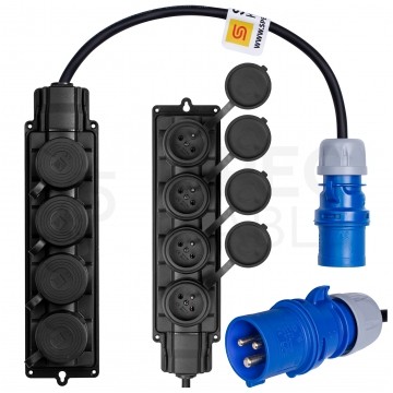 Adapter kempingowy wtyk 3P 16A / listwa zasilająca gumowa 4x 2P+Z 16A 230V IP44 na kablu OW 3x2,5mm2 0,5m