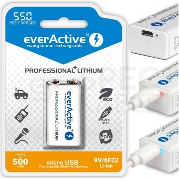 Akumulator Li-Ion 6F22 9V 550mAh (Ready 2 Use) z wbudowany gniazdem micro-USB everActive Professional Lithium BLISTER 1szt.