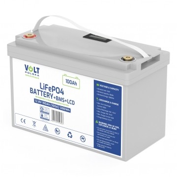 Akumulator LiFePO4 (litowo-żelazowo-fosforanowy) 12,8V 100Ah (100A) bezobsługowy + BMS + wyświetlacz LCD VOLT