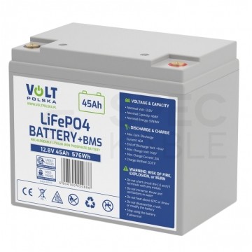 Akumulator LiFePO4 (litowo-żelazowo-fosforanowy) 12,8V 45Ah (40A) bezobsługowy + BMS VOLT