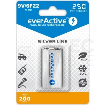 Akumulator Ni-MH 6F22 9V 250mAh (Ready 2 Use) everActive Silver Line BLISTER 1szt.