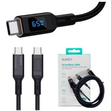 AUKEY Kabel USB 2.0 typ-C (wtyk / wtyk) Quick Charge 2.0 Power Delivery (5A 100W) wyświetlacz LED czarny 1,8 m