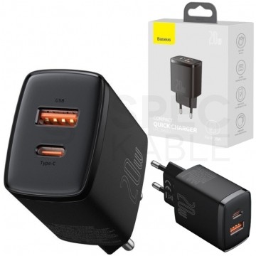 BASEUS Ładowarka sieciowa 1x USB typ-C Quick Charge 3.0 + 1x USB typ-C Power Delivery 3.0 [20W]