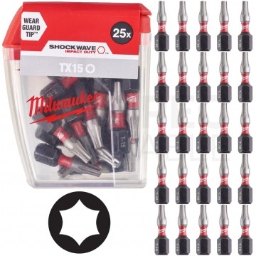 Bity udarowe do wkrętarki TORX TX15 25mm 1/4" HEX Shockwave MILWAUKEE 25szt
