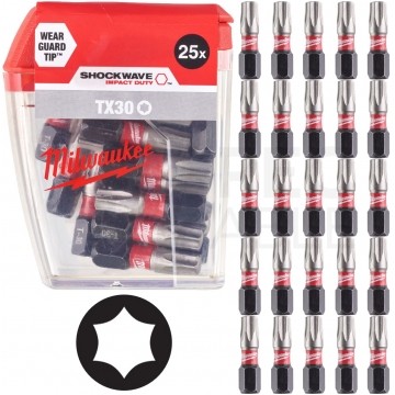 Bity udarowe do wkrętarki TORX TX30 25mm 1/4" SHOCKWAVE 25szt MILWAUKEE