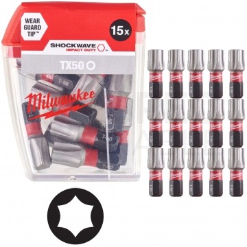 Bity udarowe do wkrętarki TORX TX50 25mm 1/4" SHOCKWAVE 15szt MILWAUKEE