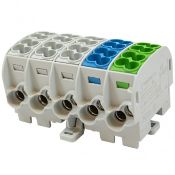 Blok rozdzielczy odgałęźny Al/Cu (max. 25mm2) na szynę TH35 kolorowy 5x (3x szary,1x niebieski, 1x zielony) CB 35 SIMBLOCK SIMET