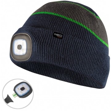 Czapka robocza zimowa, jesienna z latarką LED 180lm IP43 granatowo-szaro-zielona 100% akryl Premium NEO 81-630